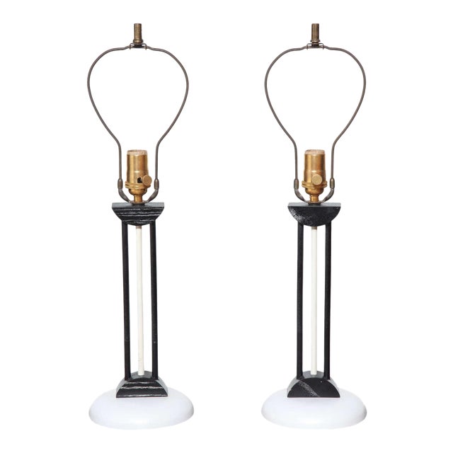 1940s Russel Wright Style Deco Black & White Table Lamps - a Pair For Sale