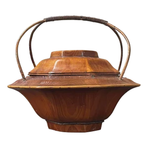 Antique Chinese Hand Carved Wood Rice Basket With Carved Lid, Signed