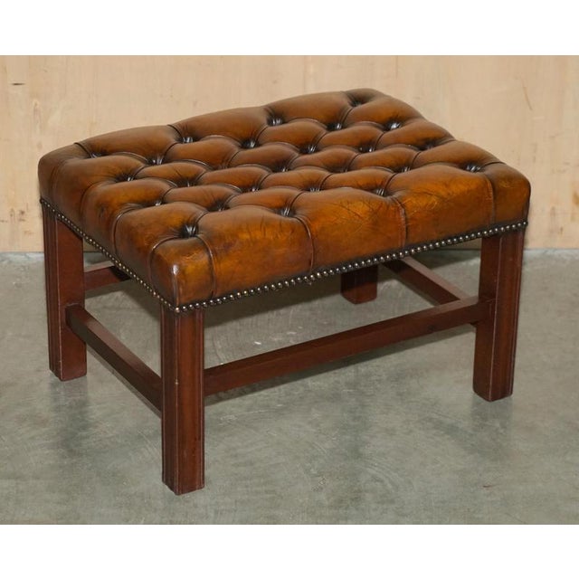 Vintage Brown Hand-Dyed Tufted Leather Chesterfield Ottomans, Set of 2 For Sale - Image 14 of 18