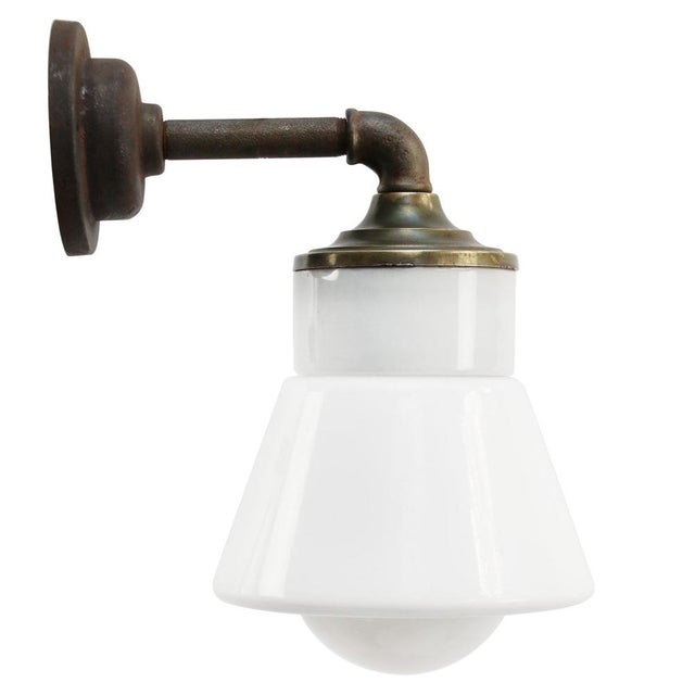 Metal Vintage Brass and Cast Iron Wall Light in White Opaline Glass For Sale - Image 7 of 7
