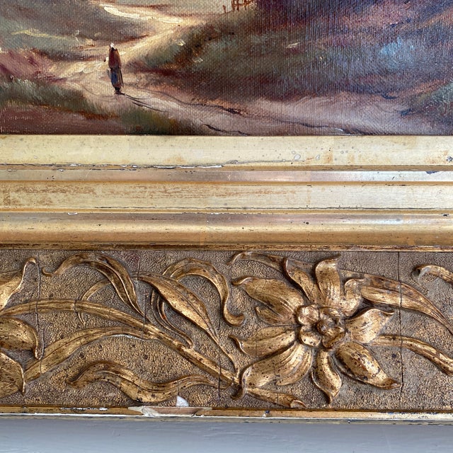 19th Century Scenic Oil on Canvas in Ornate Distressed Gold Gilt Frame - Signed For Sale - Image 10 of 12