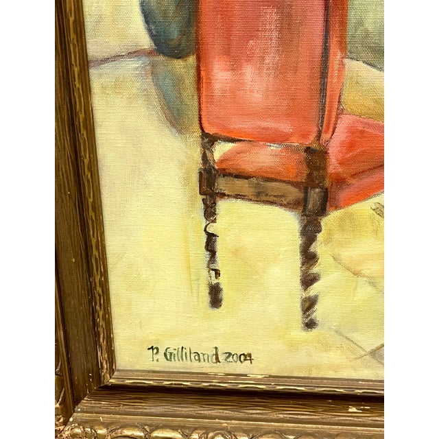 Vintage Spanish Style Naïve Folk Art Interior Painting in Ornate Carved Wood Frame For Sale - Image 4 of 12