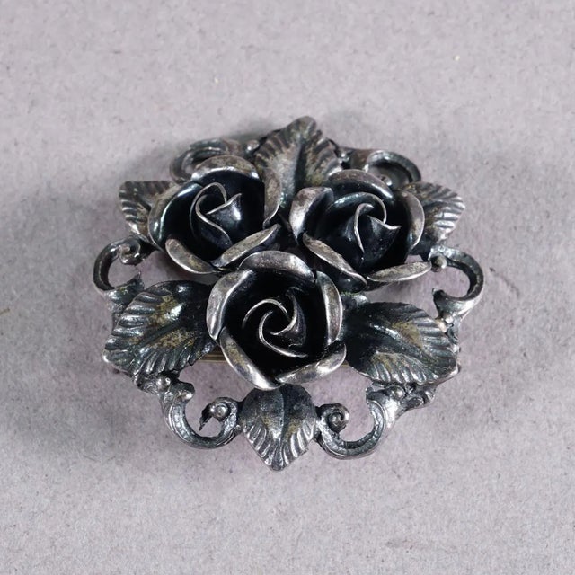 Folk Art Elegant Vintage Flower Brooch, Handmade From 835 Silver, Germany Ca. 1950s For Sale - Image 3 of 4