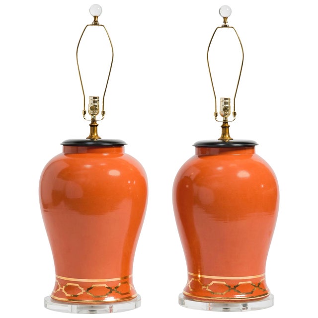 Orange Overscale Ceramic Ginger Jar Table Lamps - a Pair For Sale