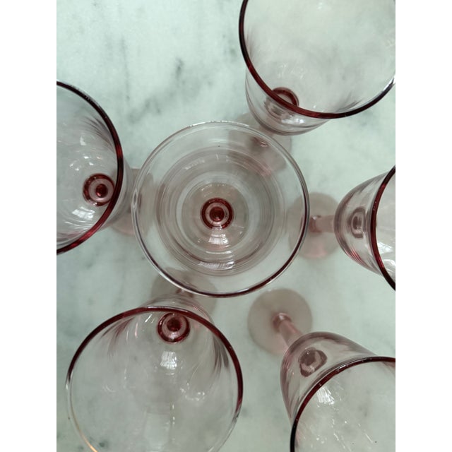 Set of 6 Vintage Pink Hand Blown Wine Goblets For Sale - Image 9 of 9