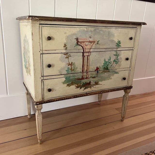 Charming Petite Antique Italian Neoclassical Style Commode With Hand Painted Architectural Scene For Sale - Image 10 of 11