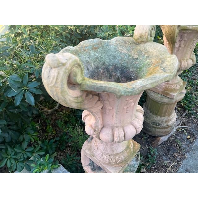 1920s Pair of Italian Large Stone Garden Urns on Pedestal 52 Inches Tall. 25 W For Sale In West Palm - Image 6 of 8