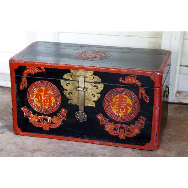 Antique Chinese Red Black Lacquered Trunk For Sale - Image 4 of 8