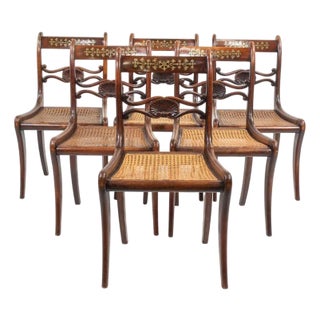 Set of Six Early 19th Century English Regency Period Faux Rosewood Chairs With Brass-Inlaid Tablet Cresting Rails, Circa 1810-20 For Sale