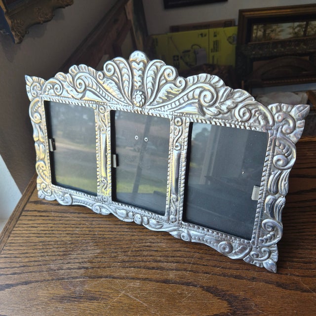 Metal 1990s Handcrafted Mexian Pewter Triple Triptych Photo Picture Frame Folk Art 15.5 X 10 For Sale - Image 7 of 17
