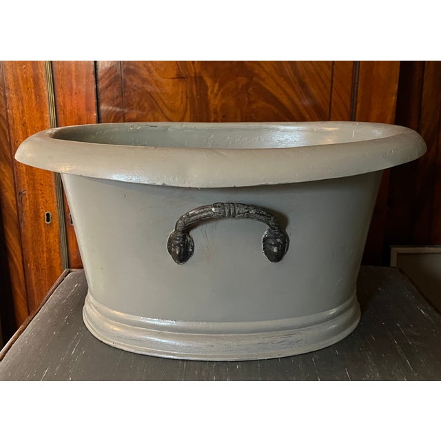 Antique 19th Century French Second Empire Tole Gray Painted Oval Jardiniere Cachepot Planter With Mask Handles For Sale - Image 18 of 18