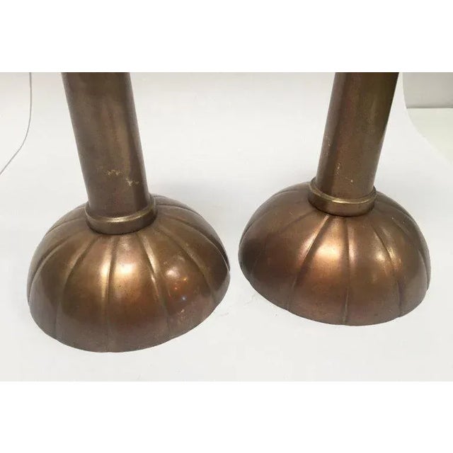 Large Brass Japanese Candlesticks on a Round Scalloped Base and Top For Sale - Image 10 of 13