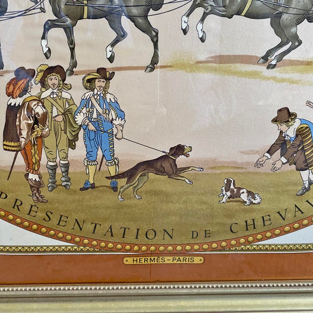 Hermès Authentic Framed Hermès Silk Scarf Présentation De Chevaux Created by Philippe Ledoux in 1970 – Large 36.5” Luxury Wall Art Framed For Sale - Image 4 of 5