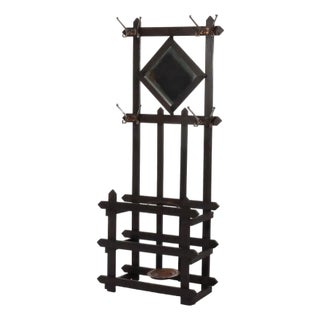 Antique Arts & Crafts Mission Oak Mirrored Hall Tree With Umbrella Stand C1920 For Sale