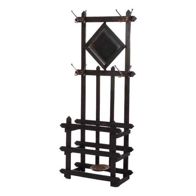 Antique Arts & Crafts Mission Oak Mirrored Hall Tree With Umbrella Stand C1920 For Sale