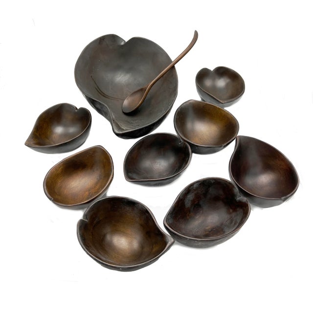 Mid-Century Modern Hand Carved Wooden Leaf Bowl Serving Set - 10 Pieces For Sale - Image 4 of 4
