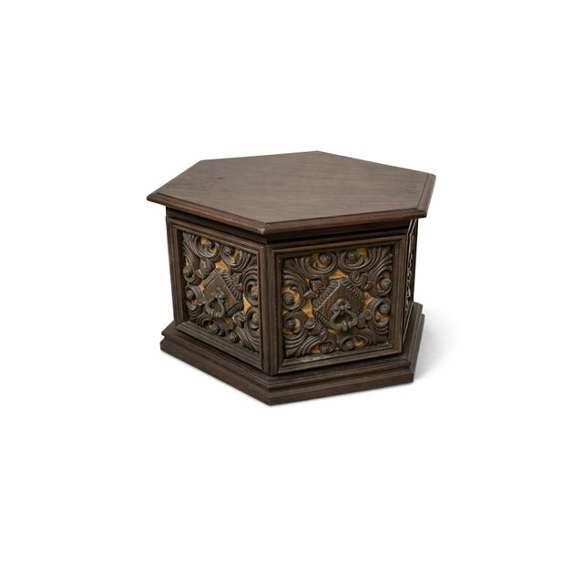 Vintage Hollywood Regency Hexagonal Carved Wood Accent Cabinet With Velvet Panels, C. 1970s | Elaine R. Estate For Sale In Los Angeles - Image 6 of 6