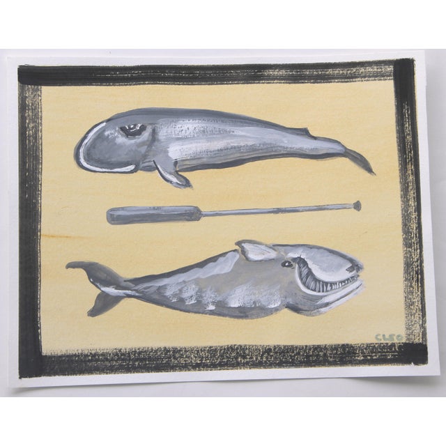 Contemporary Whales Americana Folk Art Minimalism Pale Yellow Gray Set/2 Original Painting by Cleo Plowden For Sale - Image 3 of 4