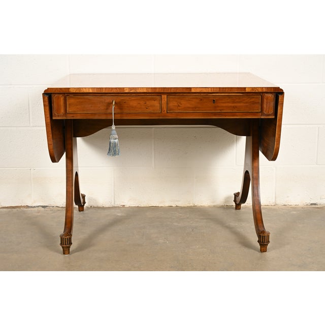 English Baker Furniture Regency Inlaid Yew Wood Writing Desk or Console Table, Circa 1980s For Sale - Image 3 of 17