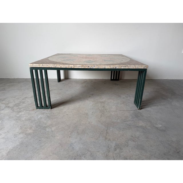 1980’s Vintage Floral Medallion Design Mosaic Top Coffee Table With Green Painted Iron Base/Sold For Sale - Image 11 of 12