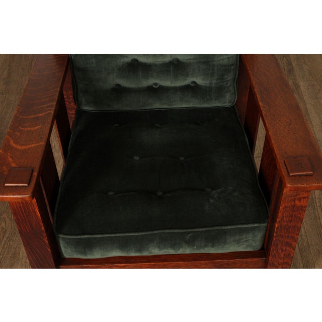 Stickley Brothers Antique Oak Arts & Crafts Rocking Chair With Green Upholstered Cushions For Sale - Image 10 of 18