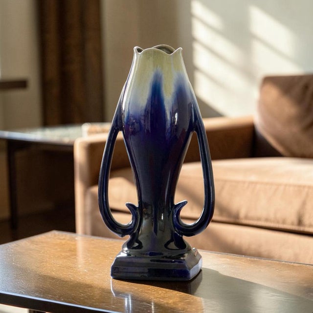 Large Art Nouveau stoneware vase with a flamed glaze from the Thulin factory, model no. 75, cobalt and ivory colors, circa...