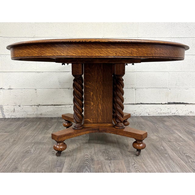 Antique Jacobean Revival Quarter Sawn Oak Tiger Oak Barley Twist Dining Table For Sale - Image 4 of 11