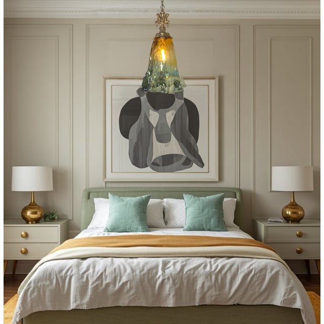 Large Art Glass Fazzoletto Green Amber Cherub Pendant Light For Sale - Image 13 of 18