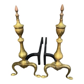 Pair 1920s Antique Brass Fireplace Andirons Queen Anne Style Firedogs For Sale