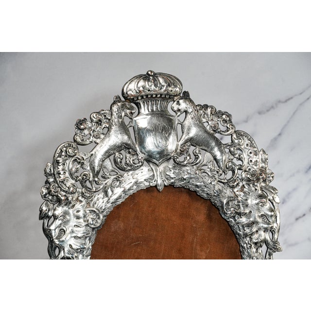 Regal Ornate Repousse Style Antique Silverplate Victorian Photo Picture Frame Lion Royalty Armorial For Sale - Image 4 of 18