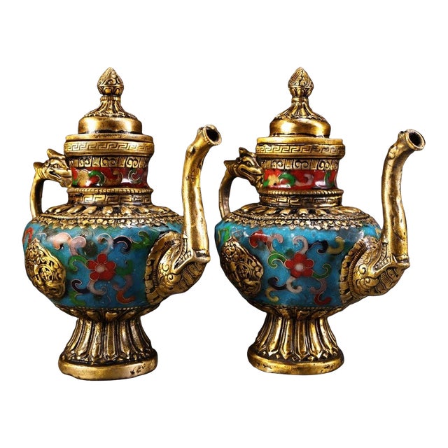 1980s Gilt Bronze & Cloisonné Dragon Teapots / Ewers - Turquoise Enamel - a Pair For Sale
