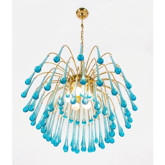 Vintage Gold Rain Chandelier with Handmade Murano Glass Blue Drop, Italy, 1960 For Sale - Image 4 of 13