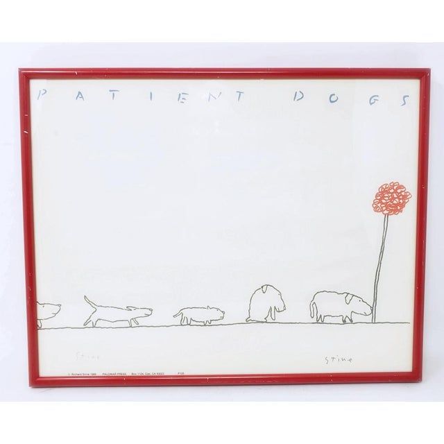 Here is a vintage signed print by artist Richard Stine titled "Patient Dogs." This cartoon-style artwork features five...