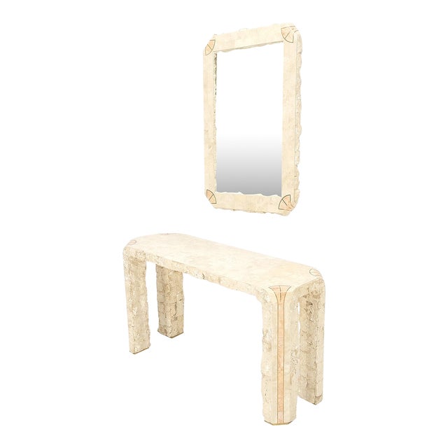 Tesselated Stone Marble Brass Inlaid Console Sofa Entry Hall Table with Mirror - Set of 2 For Sale