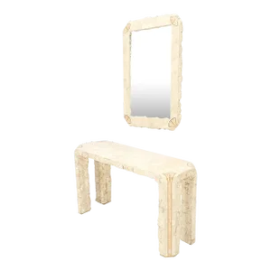 Tesselated Stone Marble Brass Inlaid Console Sofa Entry Hall Table with Mirror - Set of 2