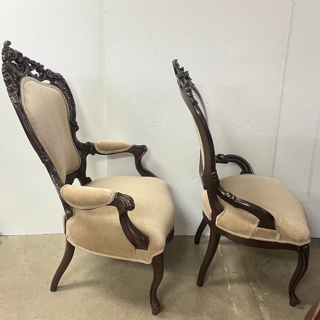 Late 19th Century Pair of Turn of the Century Walnut Victorian His & Her Chairs For Sale - Image 5 of 9