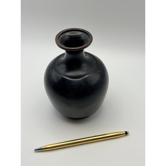 Rustic Vintage Black Glazed Stoneware Bud Vase, Asian Wabi-Sabi Ceramic, 5” For Sale - Image 3 of 5