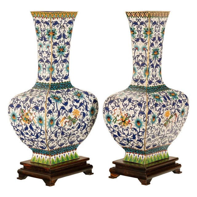 Antique Pair Monumental Chinese Qing Qianlong Period Cloissoné Enamel Vases 1795 For Sale In Portland, OR - Image 6 of 16