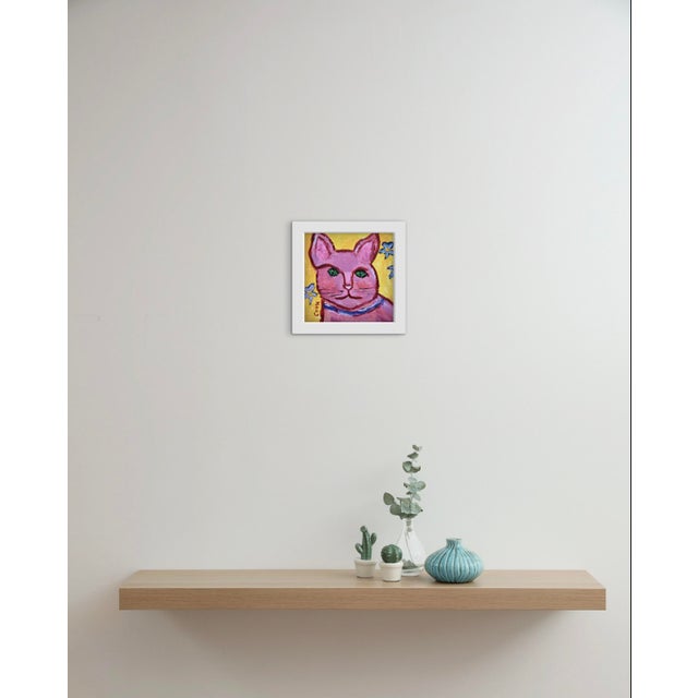Modern Narratives Collection — “Pink Cat With Green Eyes” (6″×6″, Original Oil on Wood) For Sale - Image 4 of 18