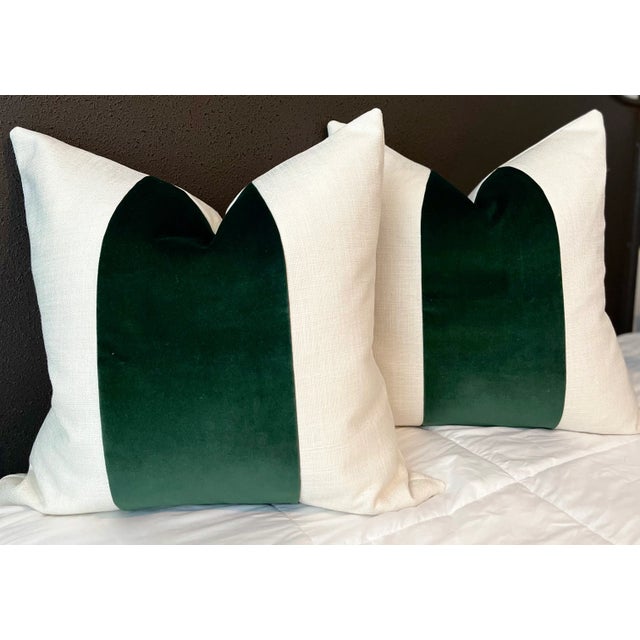 Custom Oatmeal Linen & Emerald Green Velvet Stripe Pillows- a Pair For Sale - Image 4 of 4