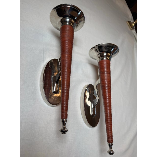 Late 20th Century Vintage Rustic Southwestern Polished Chrome and Leather Wrapped Wall Candle Sconces- Set of 2 For Sale - Image 5 of 11
