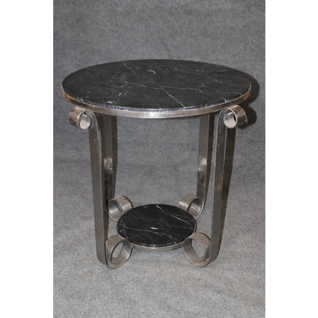 Edgar Brandt Pair Art Deco Edgar Brandt Style Wrought Iron Tulip Black Marble Top End Tables For Sale - Image 4 of 11