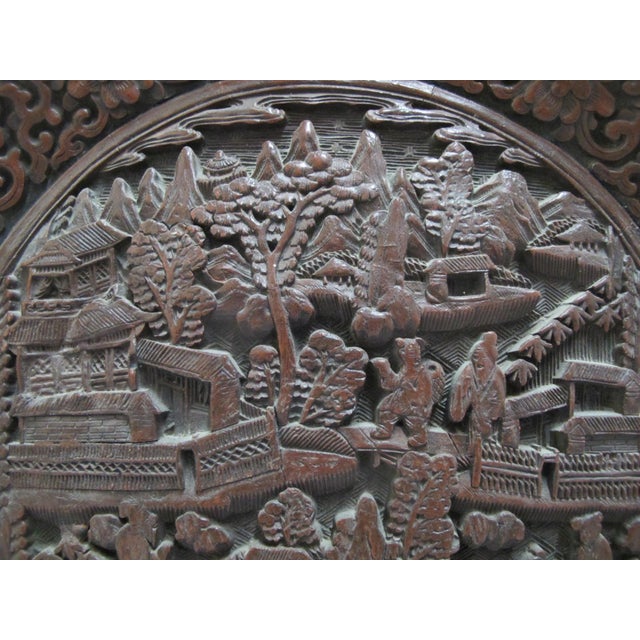 Chinese Cinnabar Lacquer Style Resin Village Scene 10" Plate Pair With Stands For Sale - Image 15 of 18