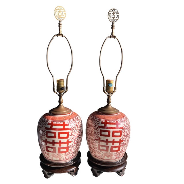 Mid 20th Century Chinese Red Double Happiness Porcelain Ginger Jar Lamps - a Pair For Sale - Image 11 of 15