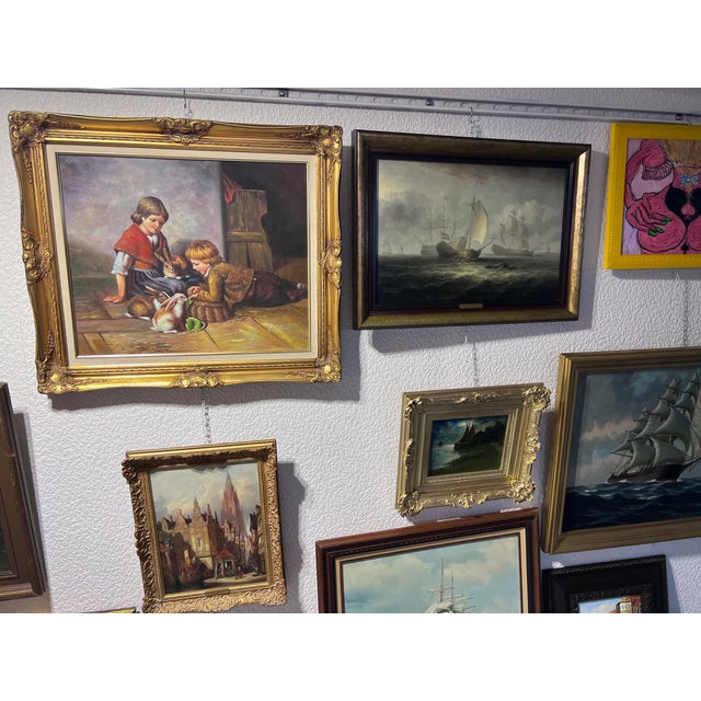 Brown G.Wilson Vintage Oil Painting on Canvas, Children Playing With Rabbit, Framed For Sale - Image 8 of 9