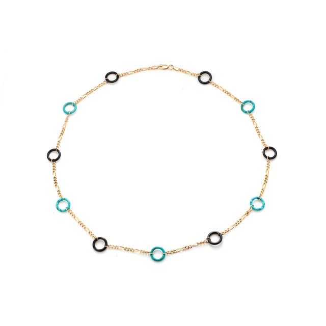 14k Yellow Gold Italian Onyx & Turquoise Circle Necklace 21" Length For Sale - Image 4 of 14