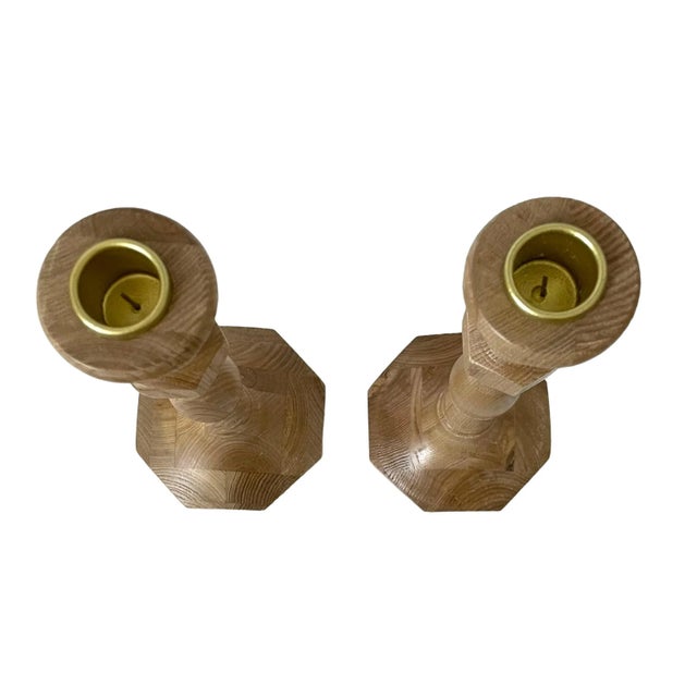 2010s Anthropologie Carved Bleached Wood Candle Holders. Set of 2 For Sale - Image 5 of 7