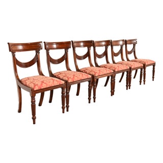 Baker Furniture Style English Regency Carved Mahogany Dining Chairs, Set of Six For Sale