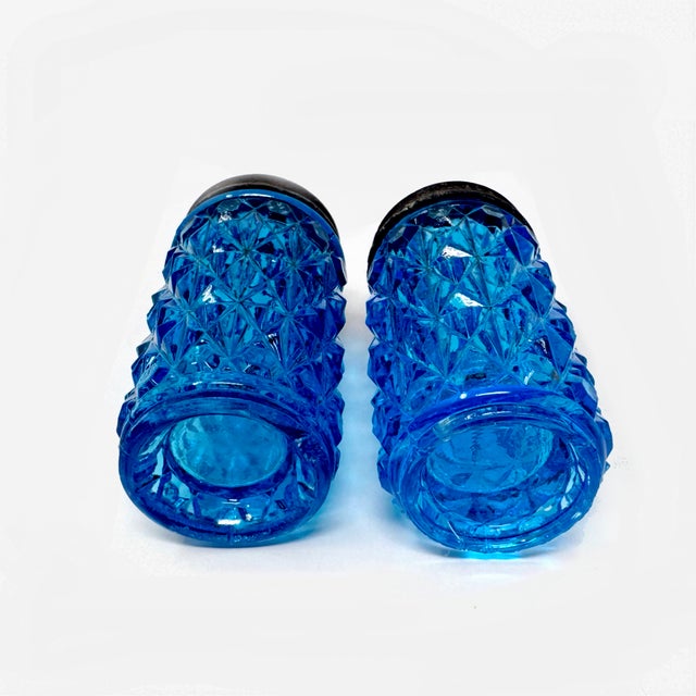 Glass Vintage Eapg Blue Glass Salt & Pepper Shakers - Diamond Point For Sale - Image 7 of 8