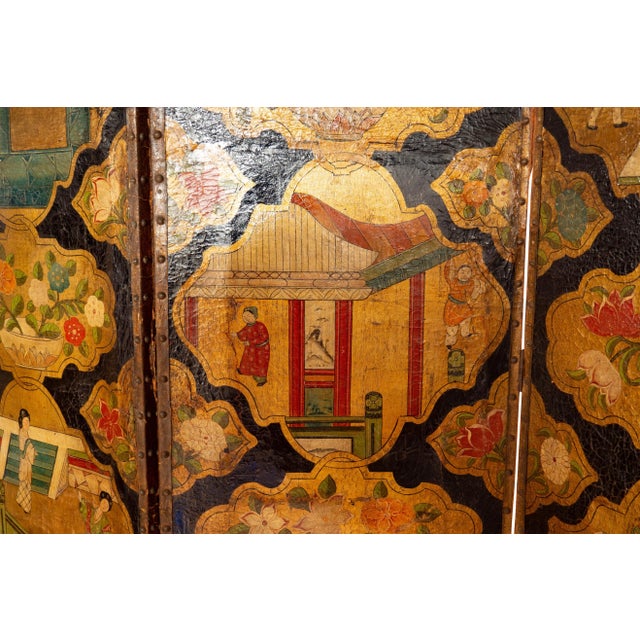 Dutch Four Panel Chinoiserie Decorated Leather Screen For Sale - Image 11 of 13